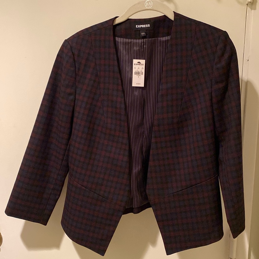 Express Women's Stretch Plaid Open Front Cropped Blazer Asymmetrical, Sz 6, NWT